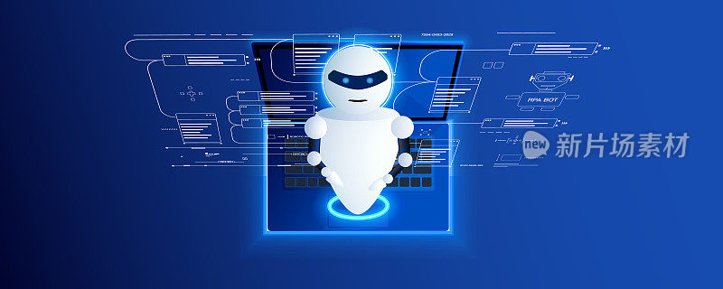 商业行业数字技术服务RPA、人工智能、聊天机器人概念。机器人过程自动化在蓝色三维等距笔记本电脑矢量。