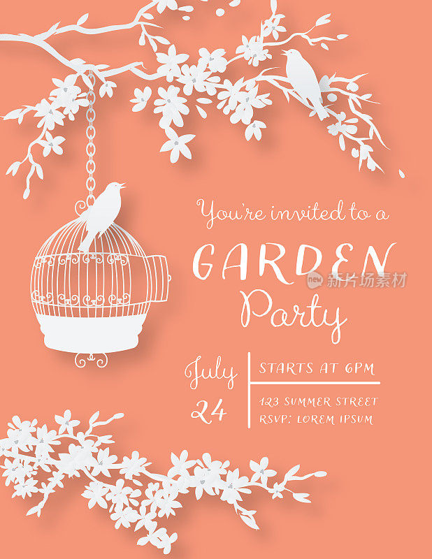 剪纸鸟和樱花花园聚会邀请模板