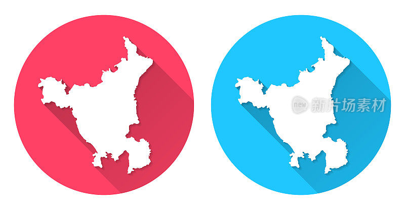哈里亚纳邦的地图。圆形图标与长阴影在红色或蓝色的背景