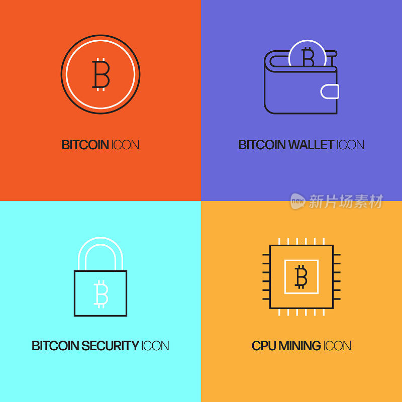 比特币相关矢量细线图标。轮廓符号集合