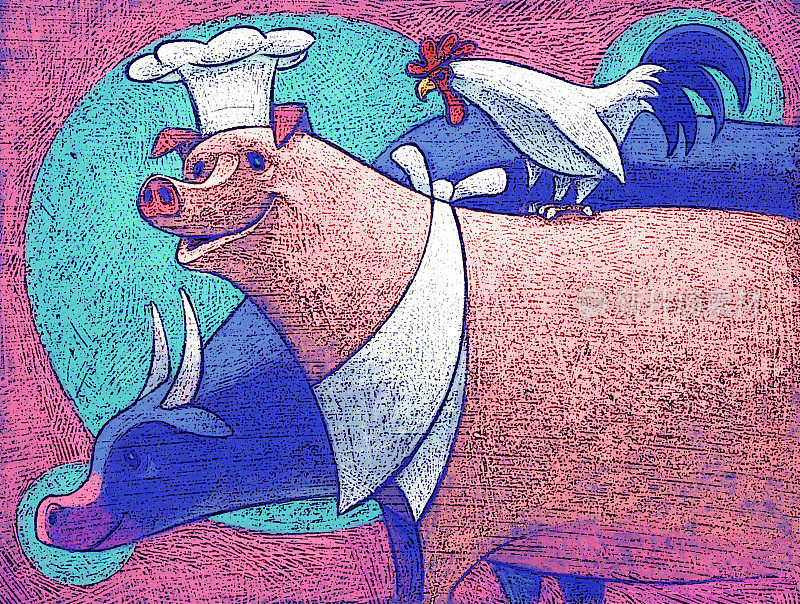 厨师猪，公鸡和奶牛