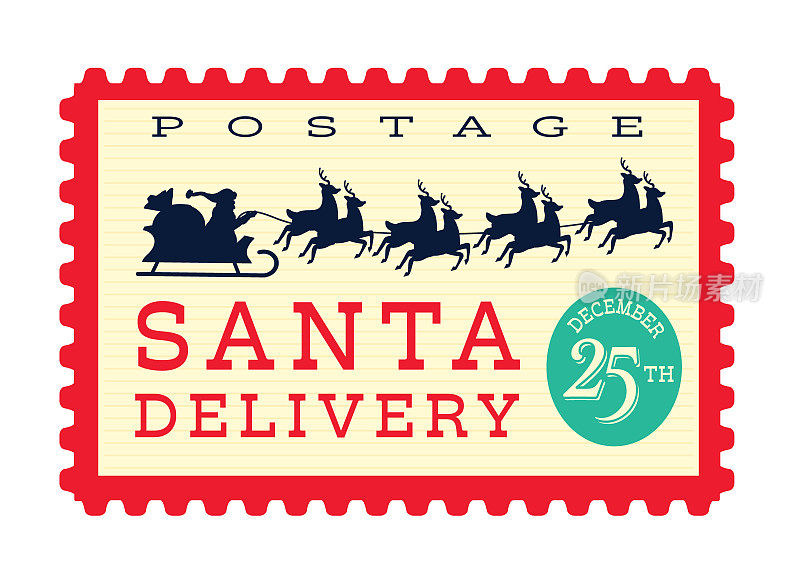 圣诞老人送圣诞老人雪橇和驯鹿邮票与明亮的调色板在白色的背景