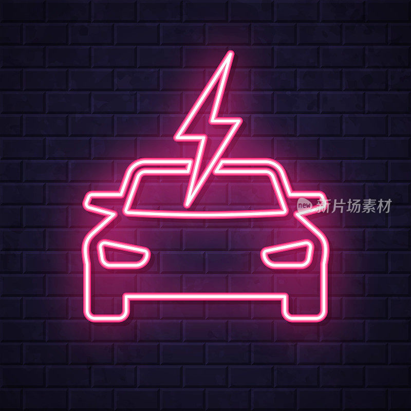 电动汽车充电。在砖墙背景上发光的霓虹灯图标