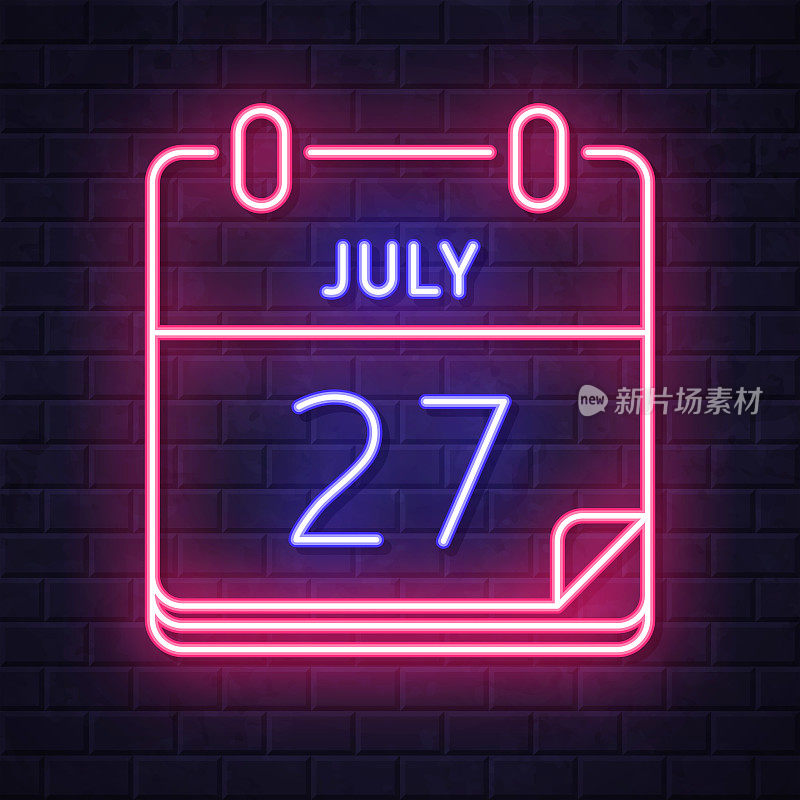 7月27日。在砖墙背景上发光的霓虹灯图标