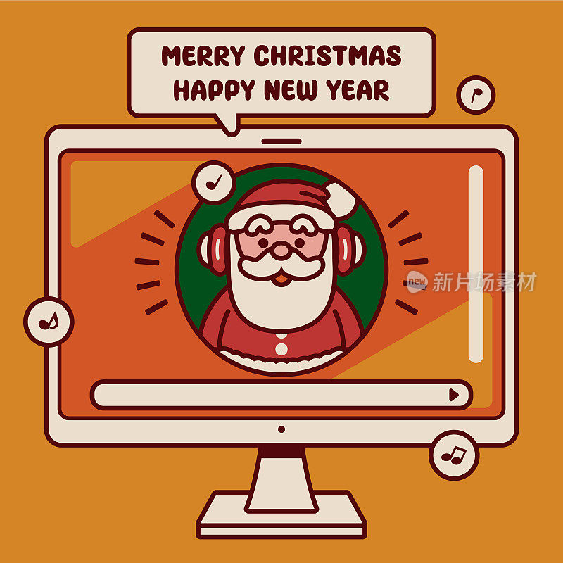 可爱的人工智能圣诞老人戴着耳机，在电脑屏幕上问候