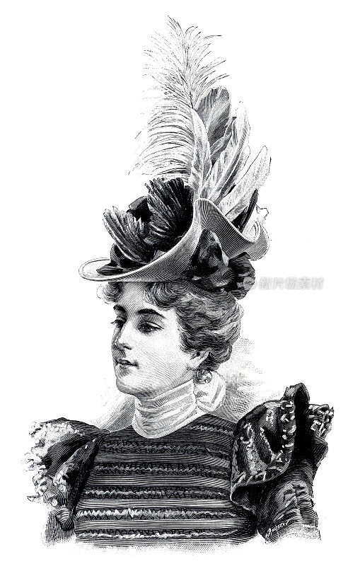 女人与时尚羽毛帽子插图1897
