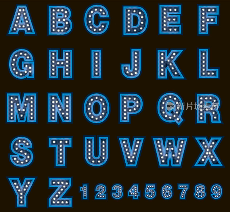 皇家蓝色剧院字母表，包括数字和灯光