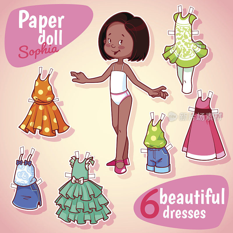 非常可爱的纸娃娃有六件漂亮的裙子。深色的女孩。