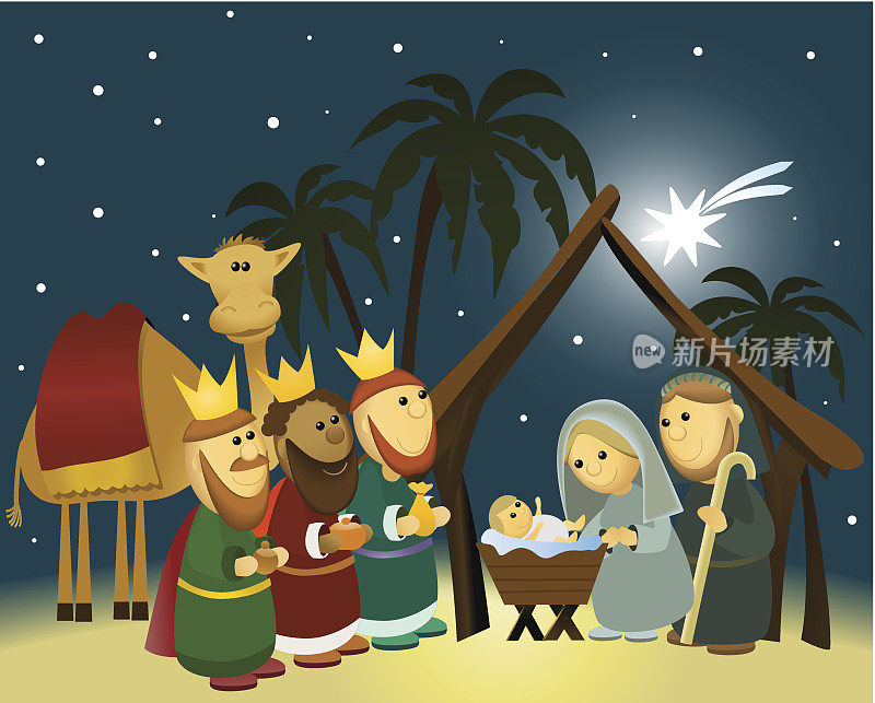 卡通耶稣诞生场景与神圣的家庭