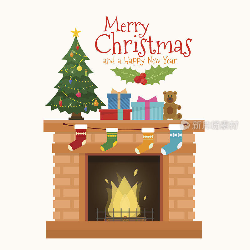 圣诞壁炉与袜子，装饰品和圣诞树
