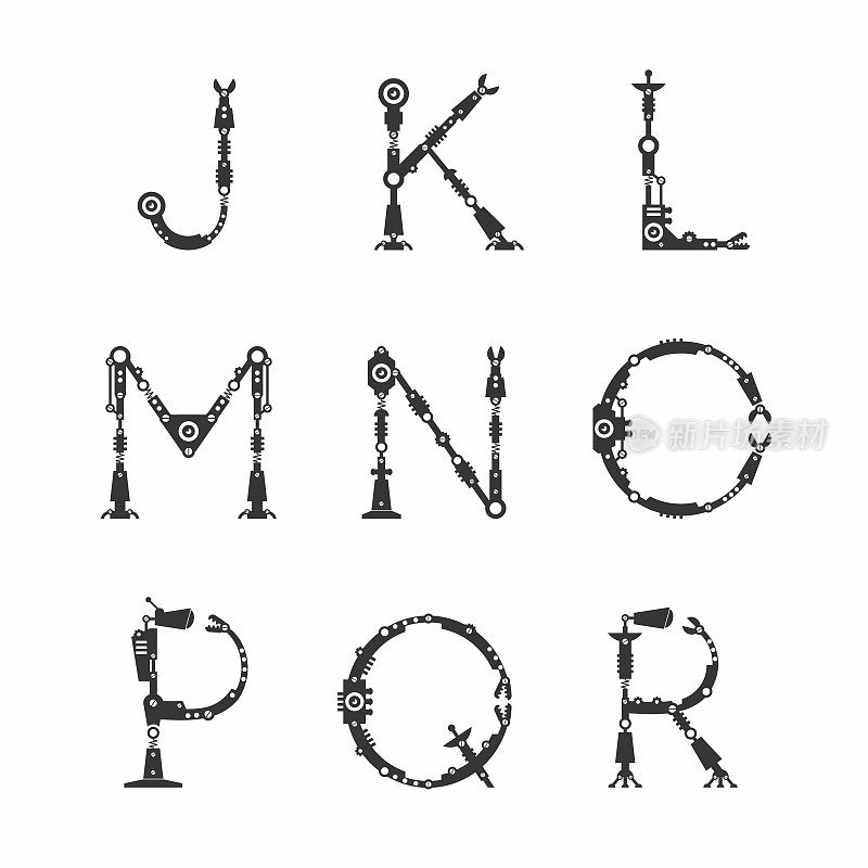 机器人技术字体。从J到R的字母