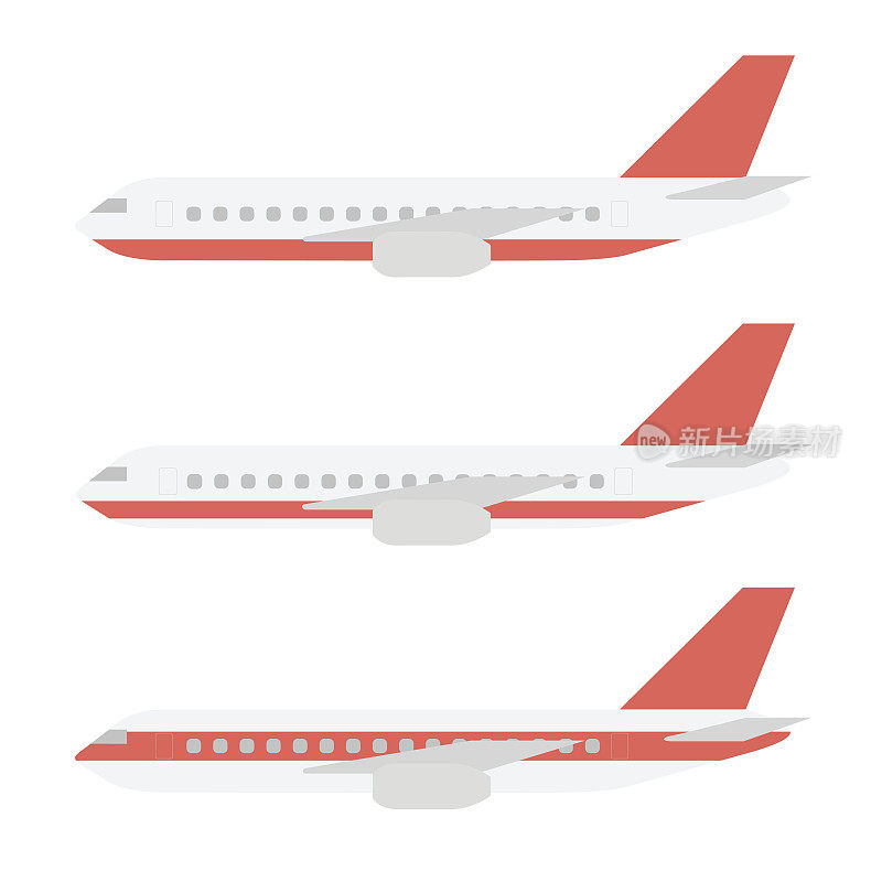设置现实的运输飞机或客机与红色条纹，机翼和发动机在平面设计矢量
