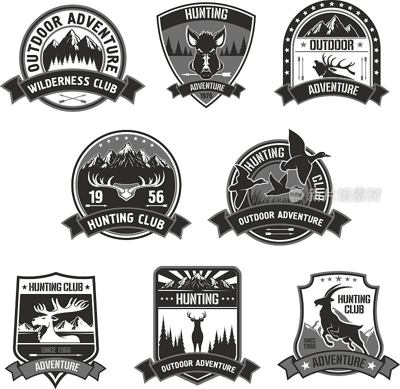 狩猎俱乐部冒险矢量图标或徽章集