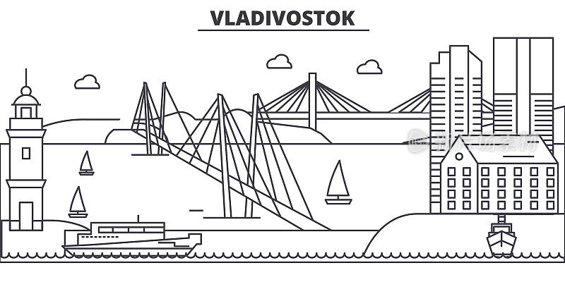 俄罗斯，符拉迪沃斯托克建筑线天际线插图。线性向量的城市景观与著名的地标，城市景观，设计图标。风景与可编辑的笔触