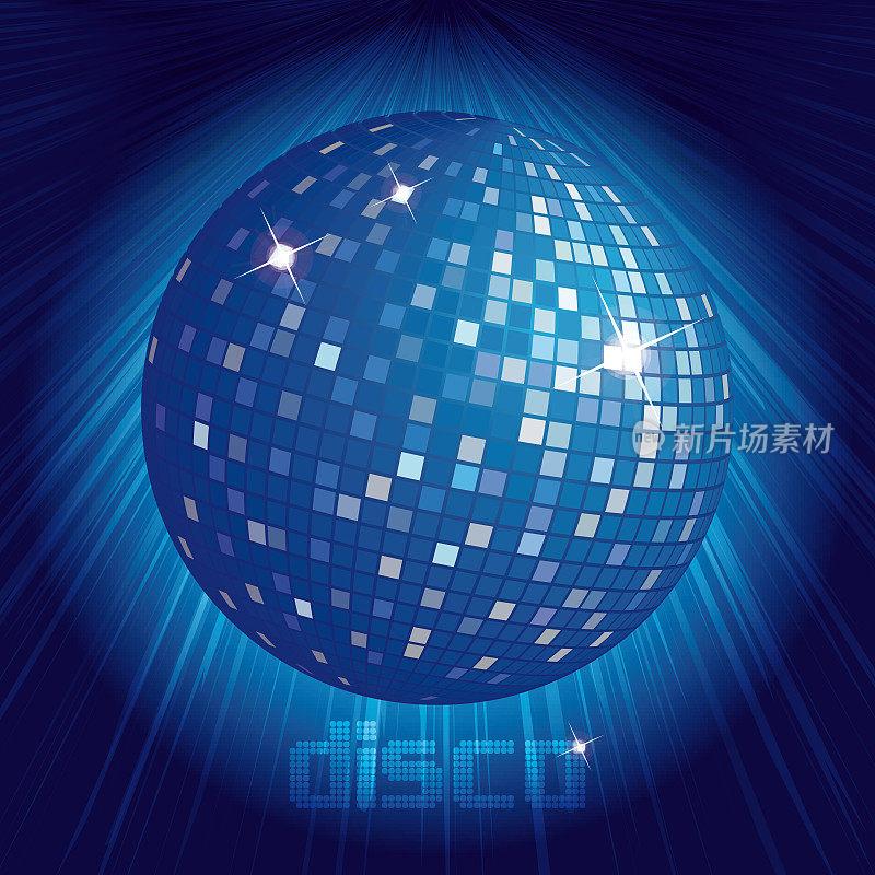 蓝色迪斯科球在黑暗的背景与明亮的光线-向量插图