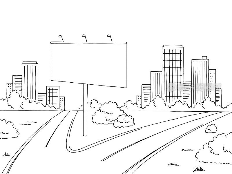 道路城市图形黑白景观广告牌素描插图矢量