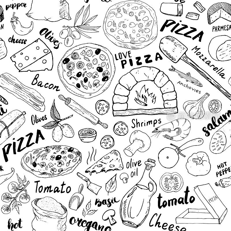 披萨无缝图案手绘草图。食物背景与面粉和其他食物配料，烤箱和厨房工具。矢量图