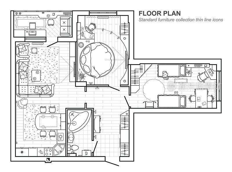 地板平面图与家具在俯视图。建筑系列家具细线图标。现代公寓的详细布局。向量的蓝图。