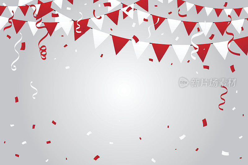 红色和白色的派对旗帜与五彩纸屑和飘带。庆典背景矢量插图