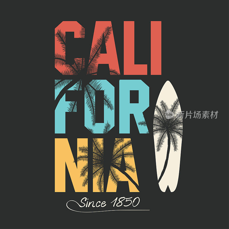 加州冲浪排版。印有热带棕榈树的t恤图案
