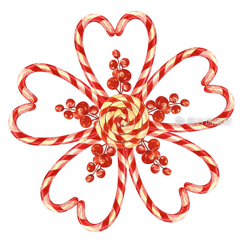 棒棒糖，鲜花摆放着圣诞糖果，还有一个蝴蝶结。圣诞贺卡的元素。水彩插图孤立的白色背景。