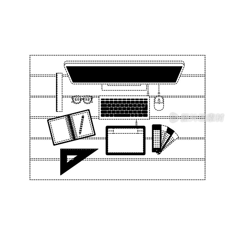 桌面电脑和绘图工具在桌面上的顶部视图黑色虚线轮廓