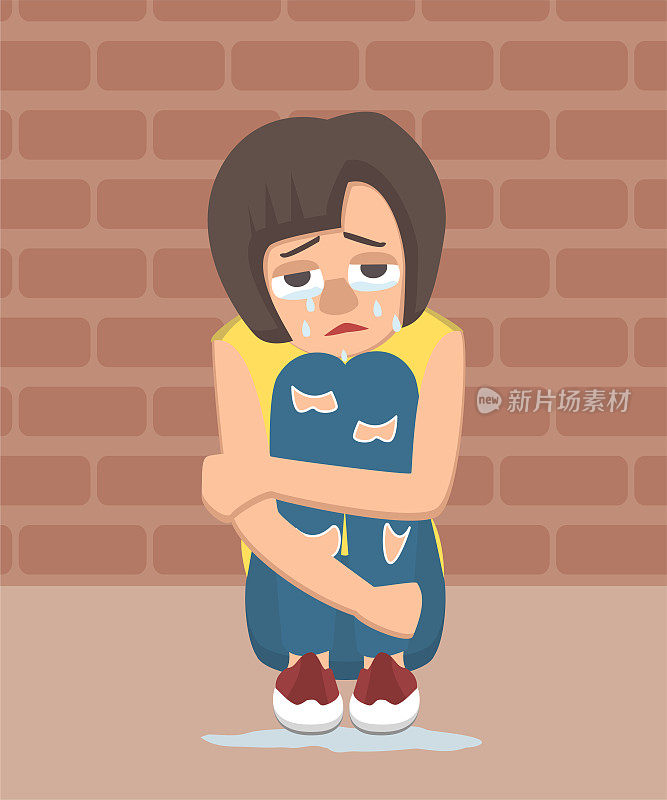 哭泣的女孩坐在拥抱她的膝盖附近的墙壁矢量卡通