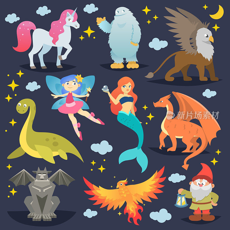 神话动物载体神话生物凤凰或幻想仙女和神话人物美人鱼或独角兽和狮鹫插图一套卡通兽孤立的背景