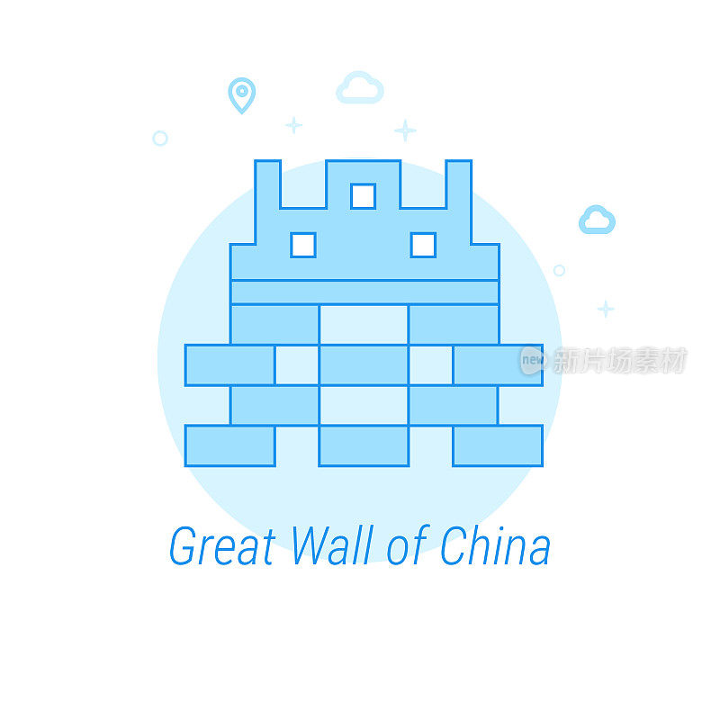 中国长城平面矢量插图，图标。浅蓝色单色设计。可编辑的中风