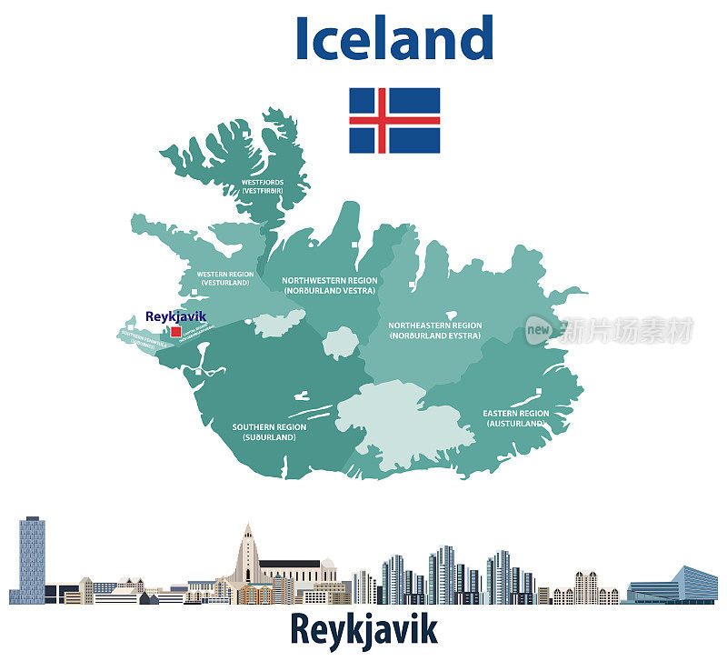 冰岛地图与雷克雅未克城市抽象天际线。矢量图