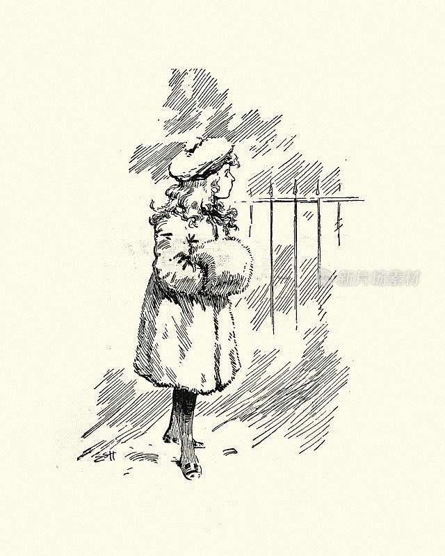 一个穿着冬季大衣和手筒的女孩的素描，维多利亚时代