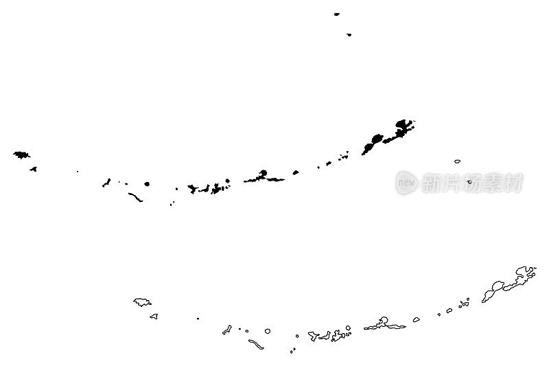 阿留申群岛西部人口普查区，阿拉斯加(美国阿拉斯加州行政区和人口普查区，美国，美国)地图矢量插图，草稿示意图，阿留申群岛，阿图，尤阿拉斯加，普里比洛夫群岛地图
