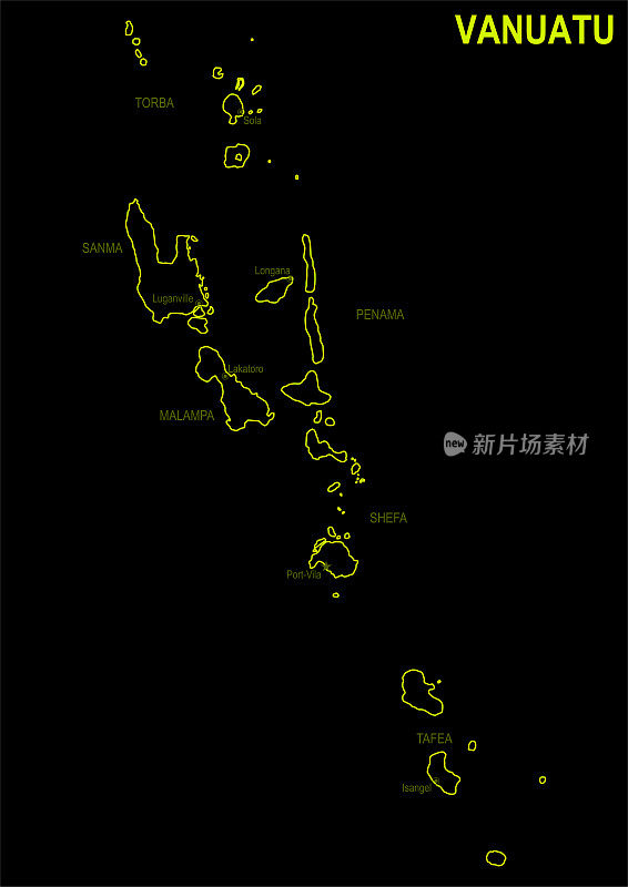 黑色背景下的瓦努阿图霓虹灯地图