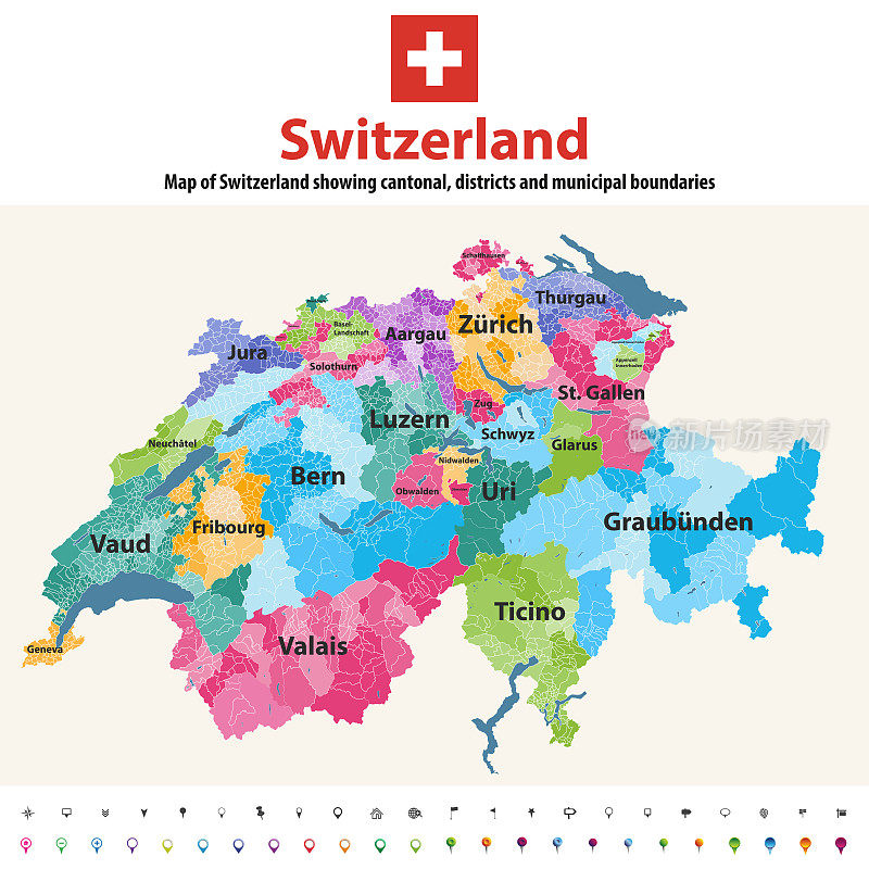 瑞士矢量地图显示州，区和市的边界。地图以州为色，每个州内以区为色。瑞士的国旗。导航和位置图标