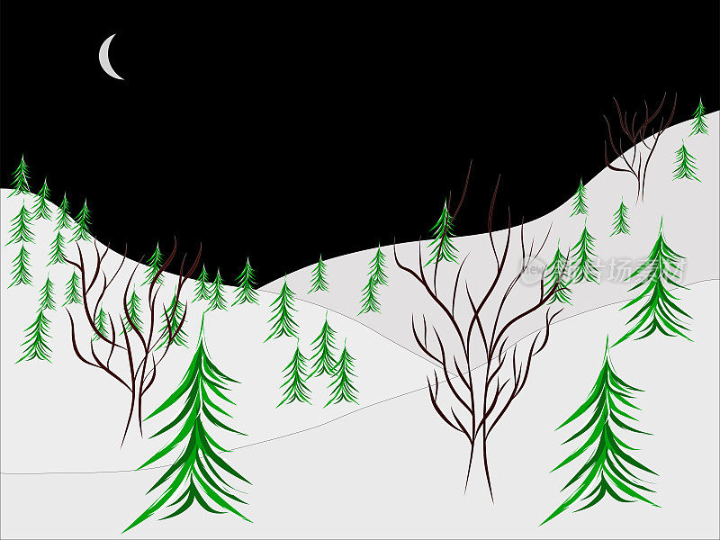 乡村冬季仙境的夜晚充满了松树和树木。雪山准备雪橇，油管和滑雪!