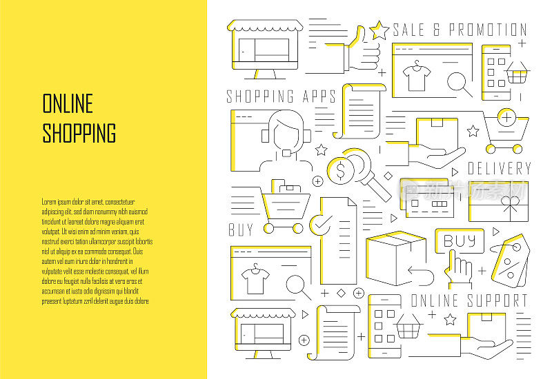 网上购物相关线设计风格网页横幅矢量插图