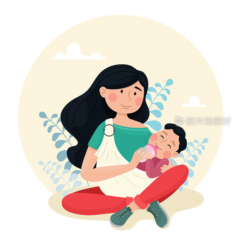 年轻的母亲用奶瓶喂婴儿。带着婴儿的妈妈。矢量插图卡通风格。