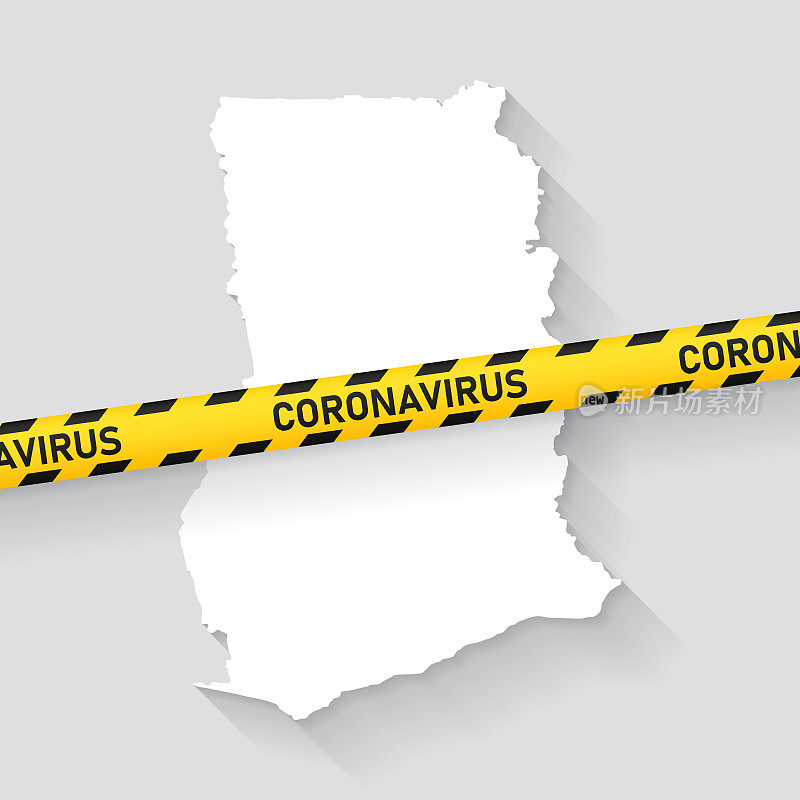 加纳地图与冠状病毒警告胶带。Covid-19爆发