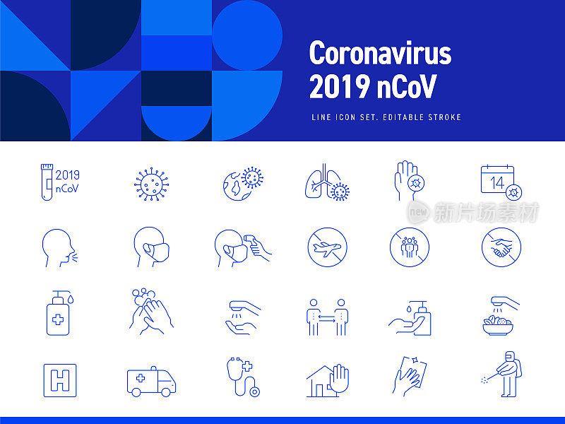 冠状病毒2019-nCoV相关线图标集。可编辑的中风。简单的轮廓图标。