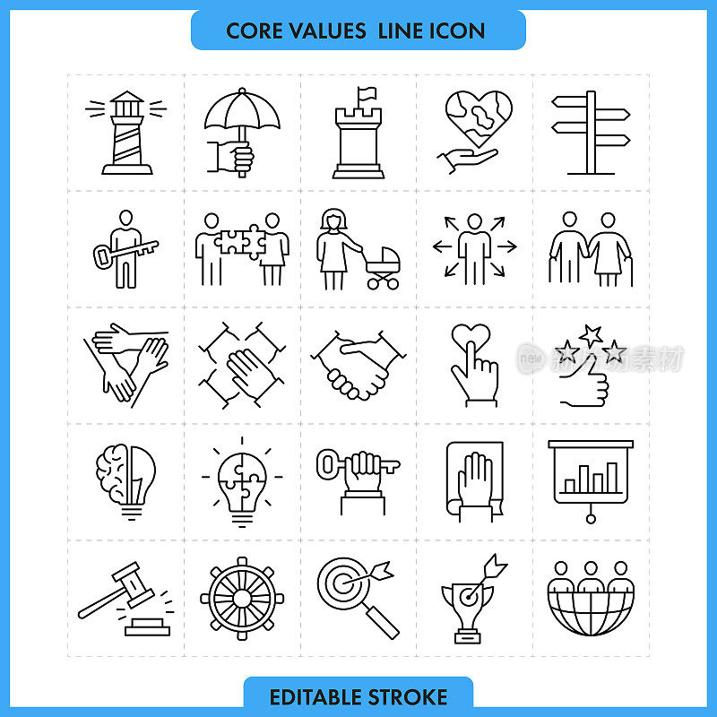 核心价值线图标集。可编辑的中风