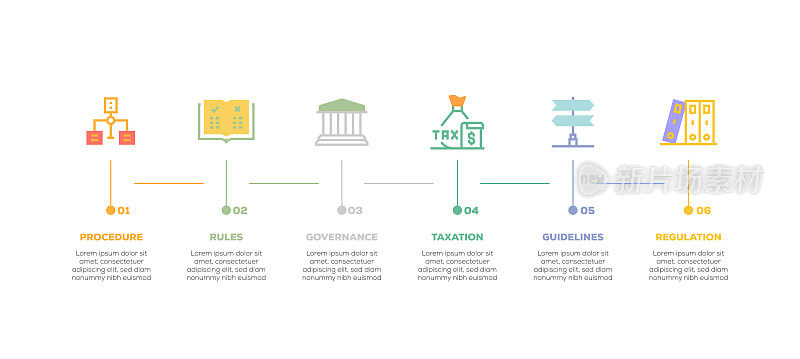 信息图表设计模板。程序、规则、治理、税收、指导方针、有6个选项或步骤的规则图标。