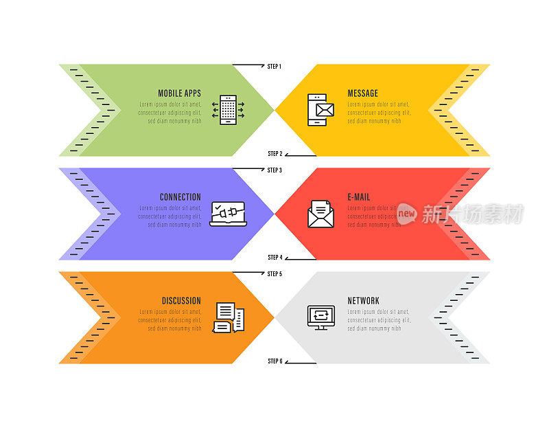 信息图表设计模板。移动应用程序，信息，电子邮件，网络，讨论，连接图标与6个选项或步骤。