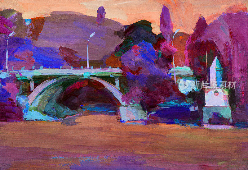 时尚的夜晚插图，寓意稳定的艺术印象派油画水平的象征性景观在复古风格的石桥上的河流，山坡上的草和树在夕阳的橙色色调