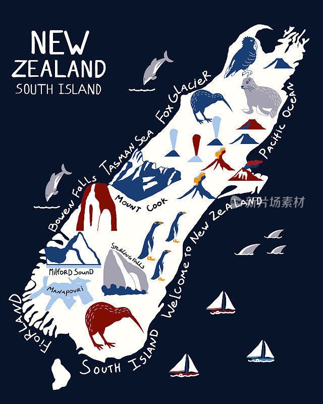 蓝色背景的新西兰南岛地图。
