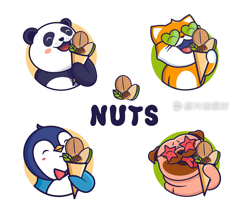 一组有趣的动物享受着混合干果。坚果和干果广告插图。