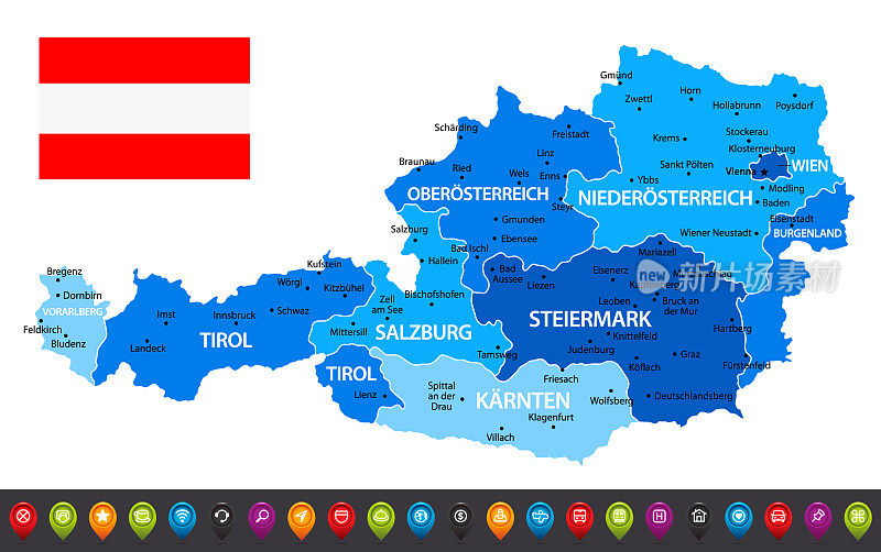 带有国旗的奥地利地图。矢量蓝色插图与地区和奥地利国旗