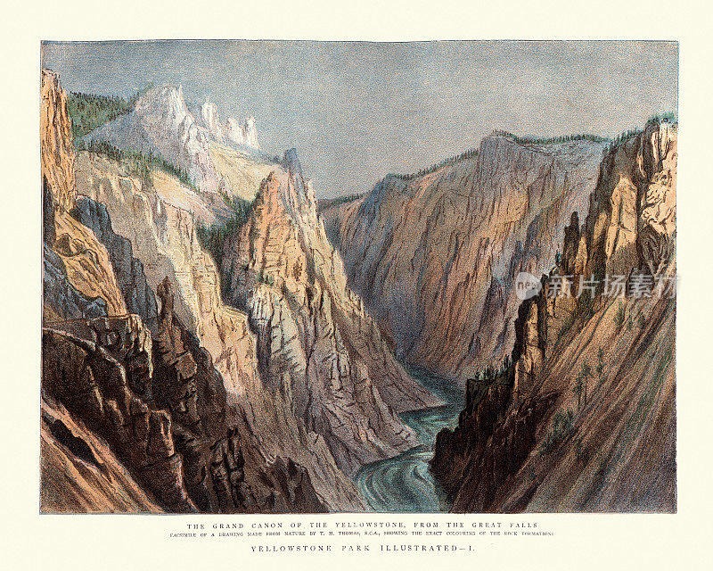 黄石公园的大峡谷，来自大瀑布，19世纪