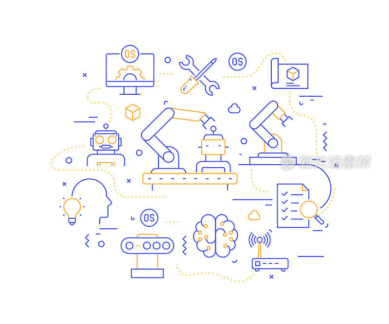 机器人工程相关的现代线条风格矢量插图
