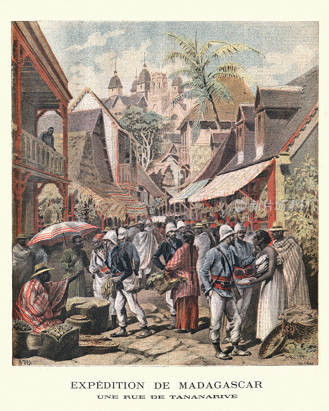 1895年，马达加斯加塔那那利佛塔那那利佛大街上的法国殖民地士兵