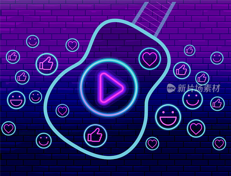 现场直播音乐会活动霓虹灯社交媒体横幅设计与吉他上的播放按钮概念上的紫色砖墙